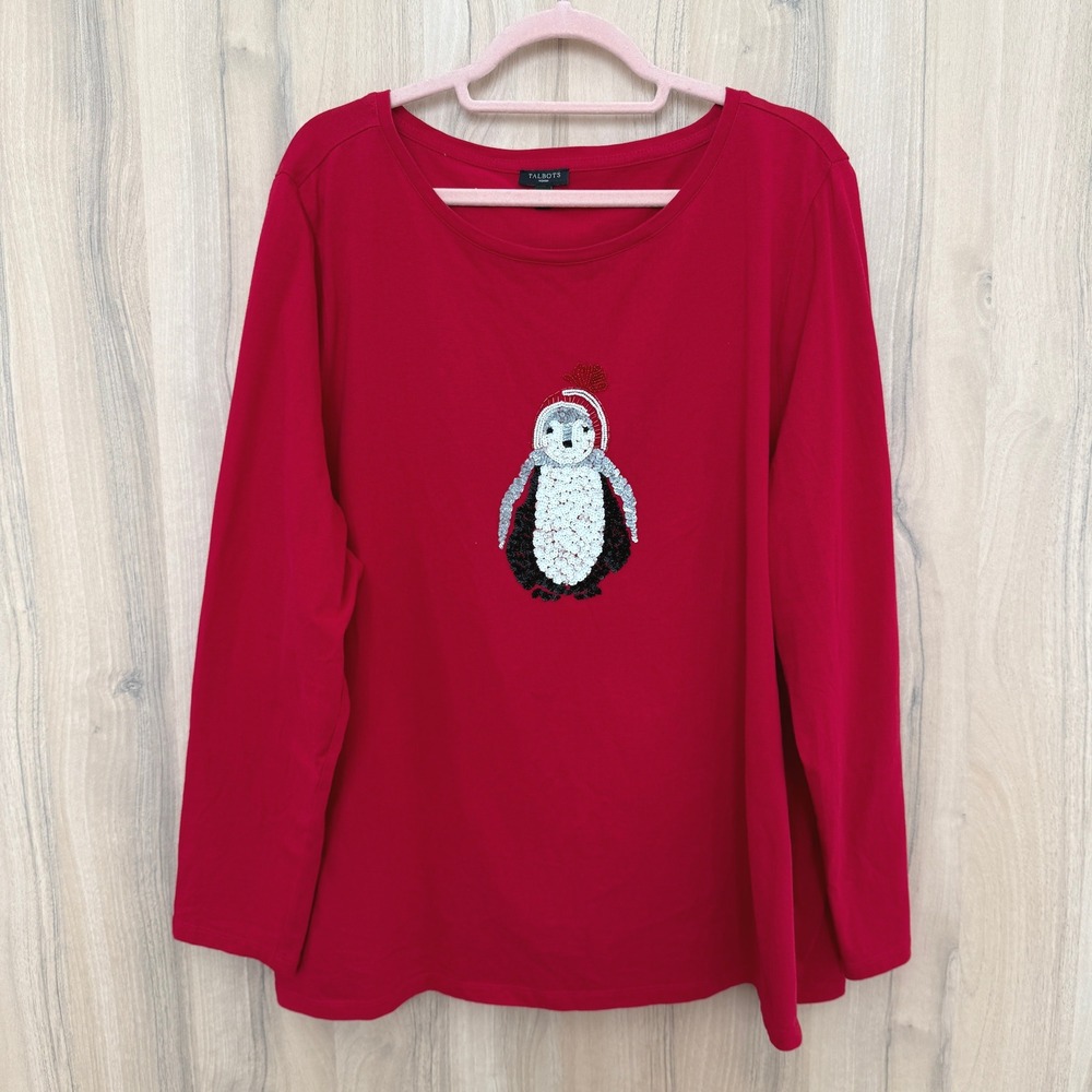 Talbots Womens‎ Penguin Top Size 3X Red Sequin Holiday Winter Long Sleeve Tee